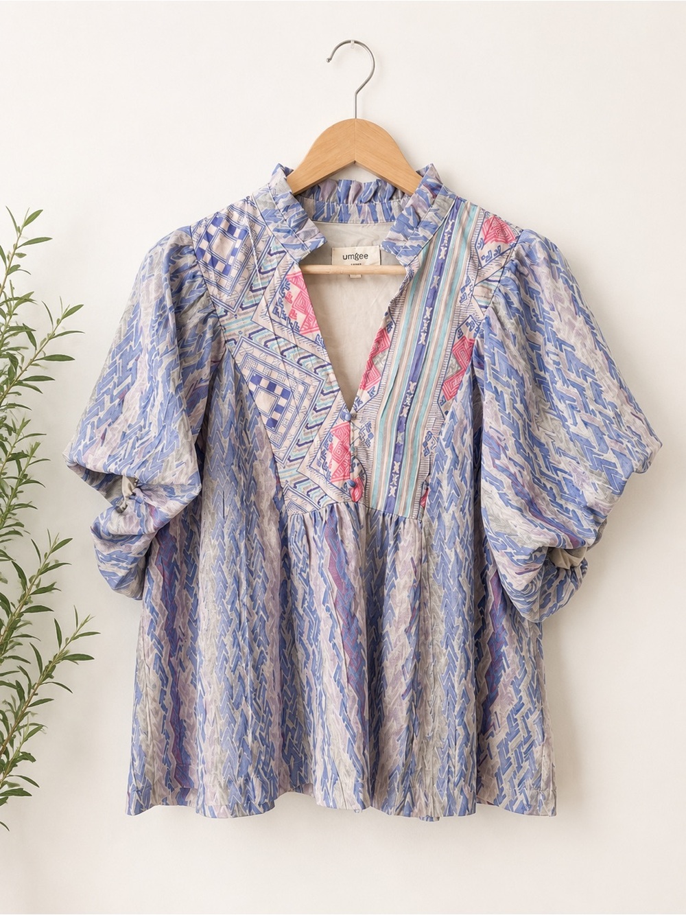 Umgee Mixed Print Puff Sleeve Blouse Size L